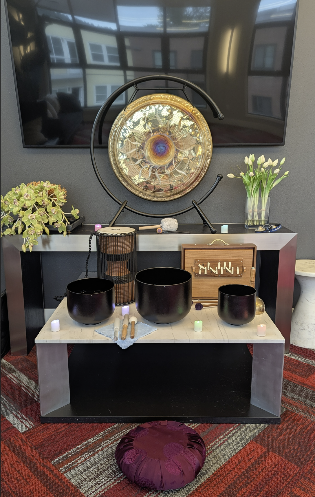 Sound bath meditation with traditional hand made Himalayan bowls at Mercer Village Shopping Center on Mercer Island, WA